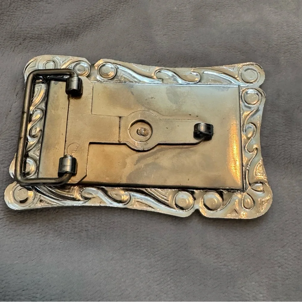 Vintage Baun Belt Buckle Motorcycle‎ Design Black Enamel Silver Frame 3.5”
